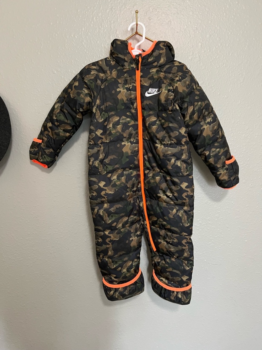 Nike Kids Camo One-Piece Snowsuit - Olive Camo with Orange Trim